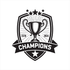 Champions Trophy Badge Logo Design,Vintage Champion Cup Emblem Template,Trophy Shield Vector for Winners,Sports Champion Logo with Trophy,Retro Trophy Design for Championship