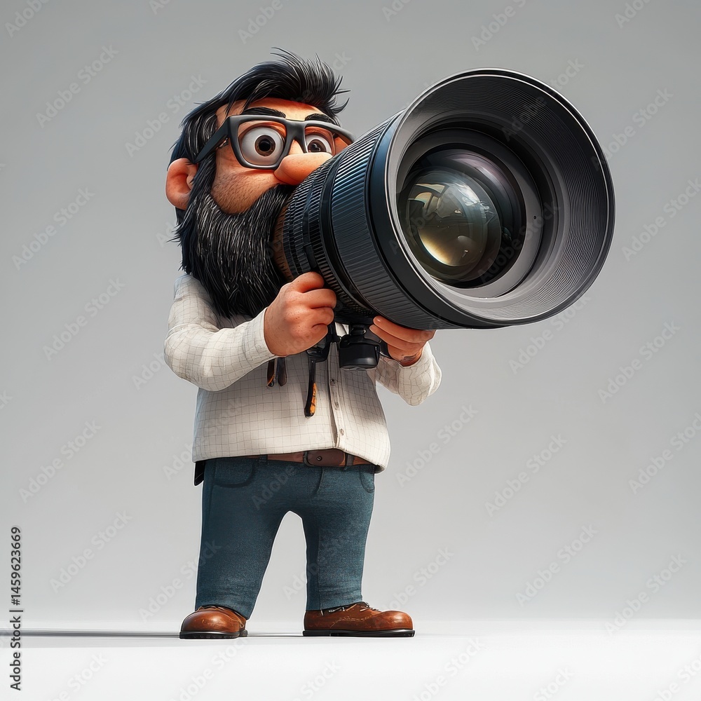 Poster a 3d caricature of a photographer with a comically large camera lens.
