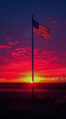 Sunrise illuminating an American flag against a vibrant sky in a serene landscape