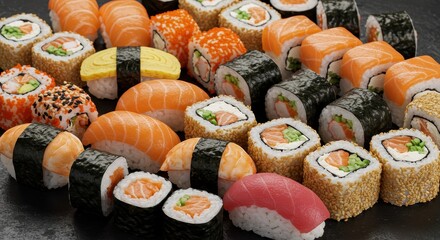 Assorted sushi set featuring salmon, tuna, and egg nigiri, along with California and maki rolls, on a dark surface. Japanese cuisine.