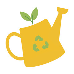 Eco Friendly watering can with yellow body, green recycle symbol, and plant. Perfect for environmental blogs, gardening websites, and sustainable lifestyle concepts