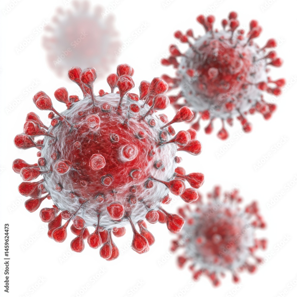Poster virus structure displayed in detail, showcasing spikes and surface features under scientific examina