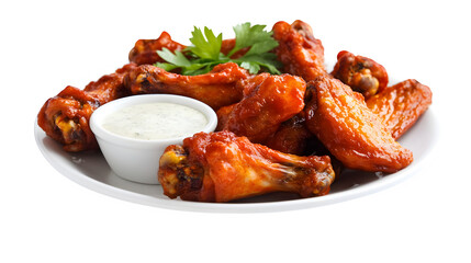 A detailed image of a plate of buffalo wings with ranch dipping sauce, isolated on white background
