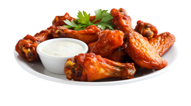 A detailed image of a plate of buffalo wings with ranch dipping sauce, isolated on white background