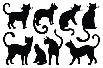 Stylized Cat Silhouette Vector Set – Feline Poses and Tail Icons