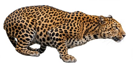 Fototapeta premium Majestic Leopard Crouching Ready to Pounce Isolated on White Background Showing its Muscular Body and Spotted Coat, a Perfect Wildlife Image for Conservation and Nature Projects
