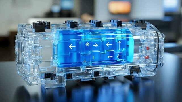 Transparent magnesium battery cell with dendrite-free anode, bright blue electrolyte, displayed in a modern lab. Arrows on inner core indicate ionic flow, showcasing advanced energy storage innovation