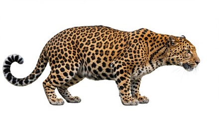Naklejka premium Majestic Leopard Prowling Isolated on White Background Showing Spots, Powerful Build and Intense Gaze for Wildlife and Conservation Projects and Designs
