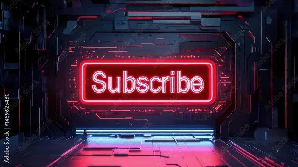 Sticker futuristic neon subscribe button in a dark tech environment with bright red light and digital elemen