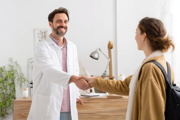 Fototapeta premium A doctor and patient shaking hands, expressing trust and building a strong relationship.