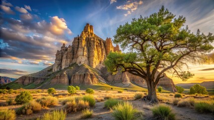 Naklejka premium Golden Hour Serenity A Lone Tree Stands Sentinel Before Majestic Rock Formations Under a Dramatic Sunset Sky
