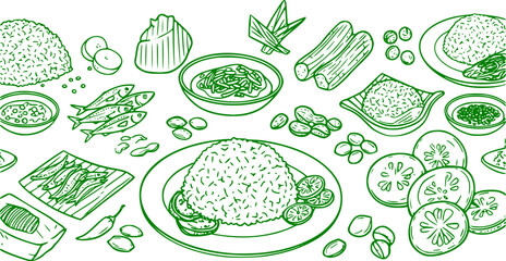 Vector green Malaysian food Nasi Lemak outlines single colour horizontal border pattern. Perfect for menu and poster design.
