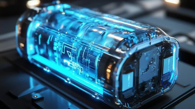 Close-up of a futuristic magnesium battery cell featuring a dendrite-free anode and glowing blue electrolyte. Transparent casing reveals intricate internal circuitry for next-generation energy storage