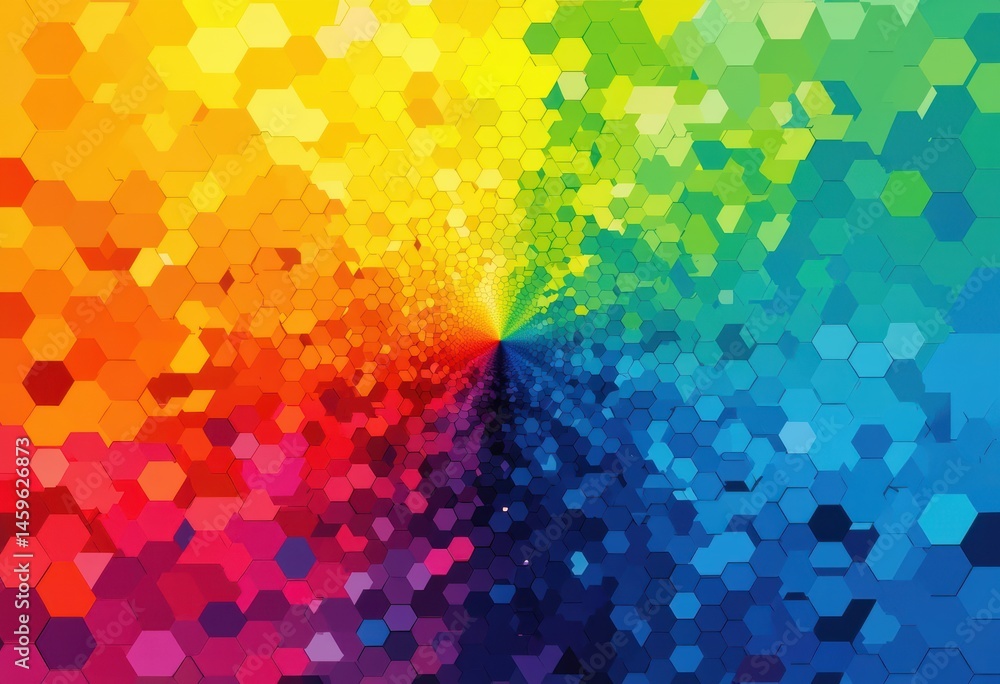 Poster vibrant hexagonal pattern radiating colors from the center