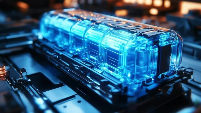 Advanced magnesium battery cell glowing with blue electrolyte, showcasing dendrite-free anode in a futuristic energy storage unit. High-efficiency, compact design for next-gen electric power systems.