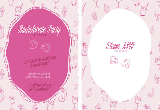 Bachelorette party invitation card in whimsical girly style with quirky illustrations of coctails, strawerry, ice cream, sea star on pink background. Printable temlate design.