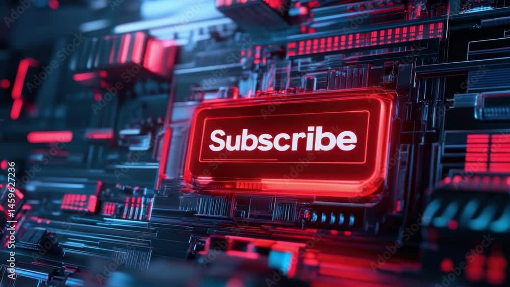 Sticker futuristic digital background with neon subscribe button in red glow for online content engagement a