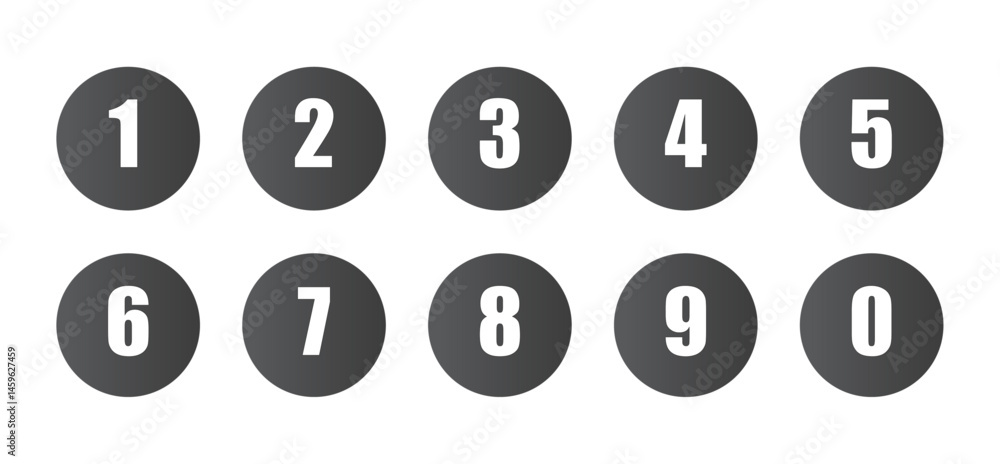 Poster number buttons set with white digits inside dark circles