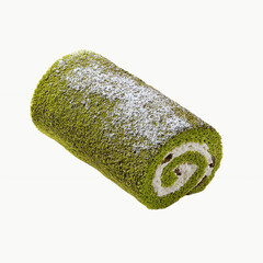 Delicious Matcha Green Tea Swiss Roll Cake with Cream Filling, Sprinkled with Powdered Sugar