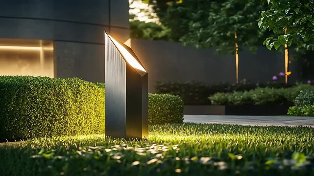 Sophisticated outdoor illumination with modern bollard light in a landscaped garden