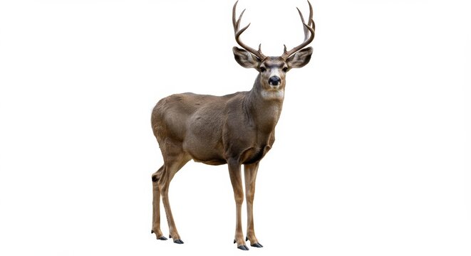 Majestic mule deer buck standing alert with impressive antlers isolated on white background, a wildlife portrait showcasing nature's beauty and serene animal presence