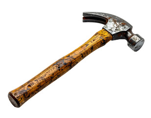 realistic vintage claw hammer with rusty steel head and wooden handle on isolated white background for carpentry or diy tools collection
