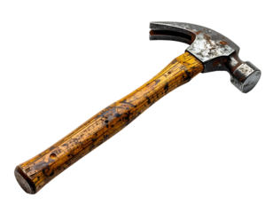 realistic vintage claw hammer with rusty steel head and wooden handle on isolated white background for carpentry or diy tools collection
