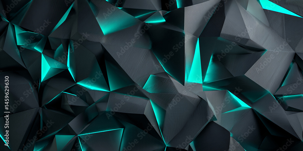 Poster Abstract dark gray textured polygons with teal glowing edges, creating a dynamic and energetic visual, suitable for technology or gaming backgrounds