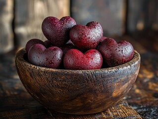 Dark red heart-shaped treats in rustic bowl. Water droplets glisten