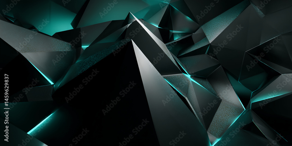 Poster abstract dark background with teal glowing edges on multifaceted geometric shapes, creating a dramat