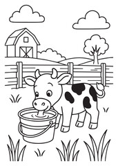 Coloring book cow drinks water from a bucket in a sunny farmyard with a barn