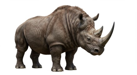 Fototapeta premium Majestic rhinoceros standing tall with its powerful build and impressive horns showcasing its strength and resilience in the animal kingdom wildlife photography
