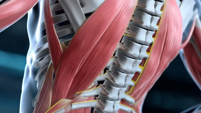 Human body anatomical visualization: Spine and muscle structure demonstrating the spinal column and muscle fibers in 3D animated rendering