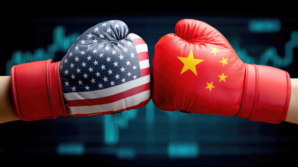Concept of trade war between USA and China, USA or United States of America and China flags painted on two boxing gloves, generative ai