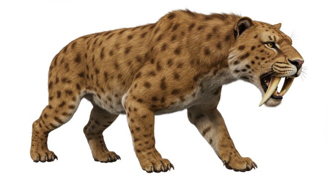 Majestic Saber-Toothed Tiger Prowling with Large Fangs on White Background, Prehistoric Predator with Detailed Fur and Muscular Build, Wildlife Illustration