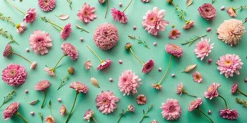 A delightful arrangement of pink blossoms and greenery on a mint background, showcasing a vibrant floral pattern