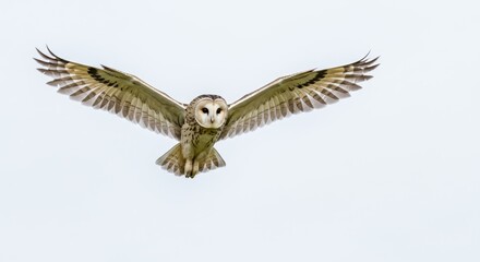 Naklejka premium Majestic Short-eared Owl in Flight with Wings Fully Extended Against a Bright Sky, Showcasing its Distinctive Facial Disk and Beautiful Feather Pattern for Wildlife and Birding Enthusiasts