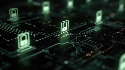 Fototapeta premium Cybersecurity pattern background with lock icons and circuits.