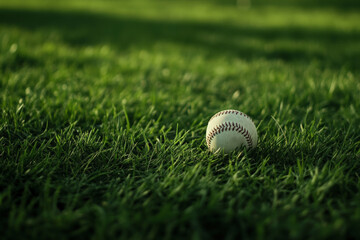 Baseball Resting on Green Grass. A baseball rests on lush green grass, catching the sunlight, creating a peaceful and idyllic outdoor scene.