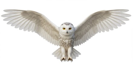 Fototapeta premium Majestic Snowy Owl in Flight with Wings Spread Wide Isolated on White Background Symbolizing Wisdom and Freedom for Conservation and Wildlife Projects