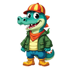 Cute Cartoon Alligator Character in Streetwear – Fun Reptile Mascot Wearing Jacket, Cap, and Boots