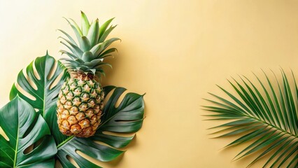 Fototapeta premium Tropical Pineapple with Lush Monstera and Palm Leaves on Pastel Yellow Background
