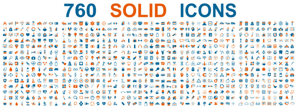 Big set solid two-color icons: business, technology, shopping, development, management, marketing, medical, ecology, industry. Collection of various icons