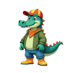 Cute Cartoon Alligator Character in Streetwear – Fun Reptile Mascot Wearing Jacket, Cap, and Boots