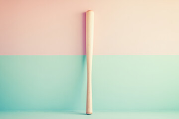 Baseball Bat Against Pastel Backdrop. A wooden baseball bat stands vertically, centered against a pastel pink and turquoise wall.