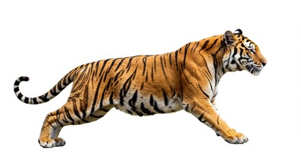 Fototapeta premium Majestic Tiger in Motion Isolated on White Background Displaying Powerful Grace and Striking Stripes for Wildlife and Conservation Projects or Educational Material