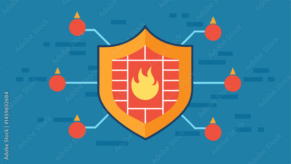 Poster firewall defense a shield forming a protective wall made of digital code blocking arrows and threats
