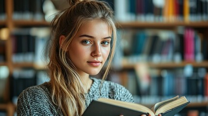 Young woman engrossed in reading in a library