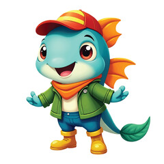 Cute Cartoon Fish Character in Streetwear – Playful Aquatic Mascot Wearing Jacket, Hat, and Boots