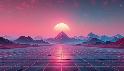 Fototapeten A vibrant, digital landscape with a stylized mountain range. © ambacim